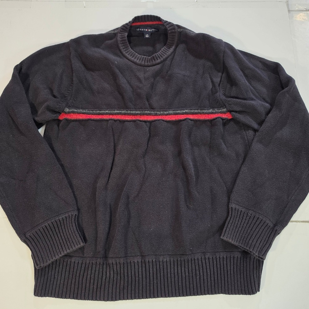 Tommy Hilfiger Mens Navy Blue Crew Neck Sweater Red Stripe Cotton Lambswool L